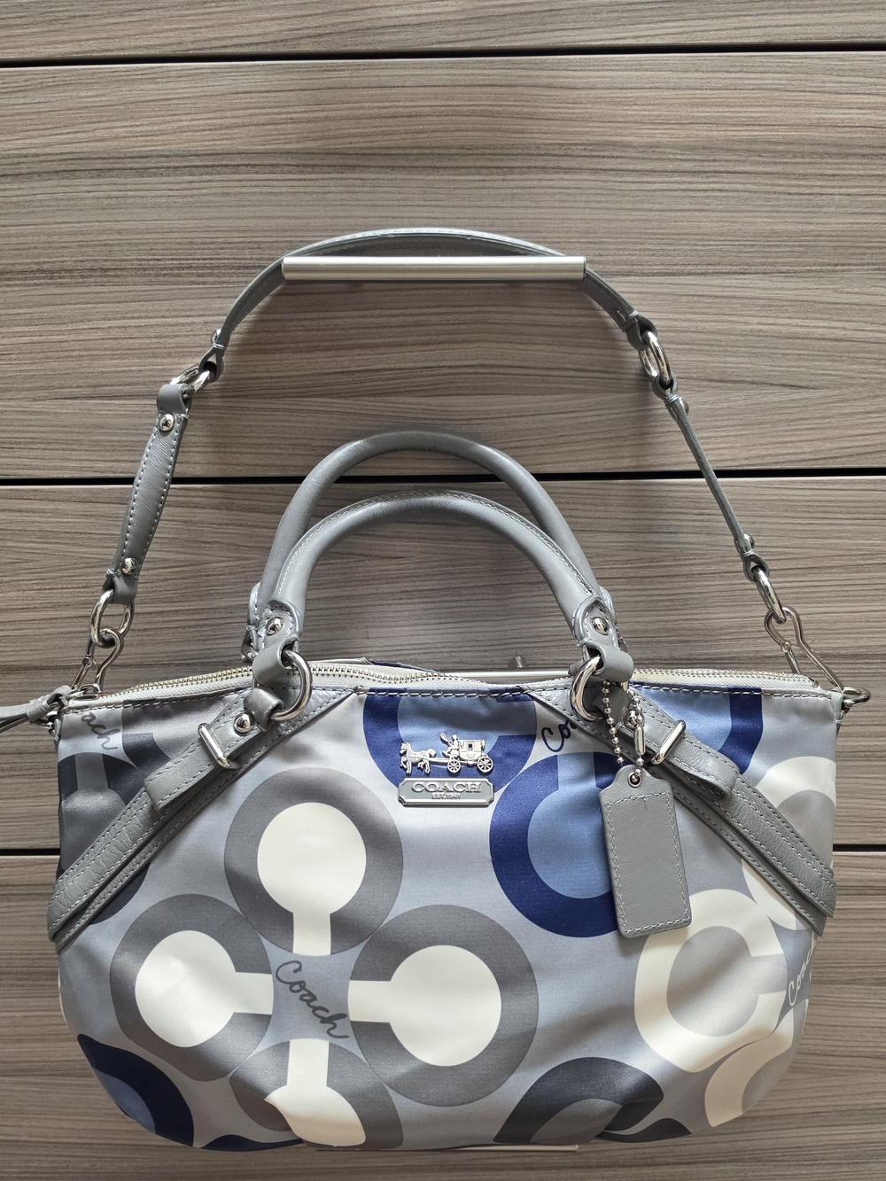 Coach Madison Op Art Clover Sophia Satchel – Blue & Gray Sateen (15946)